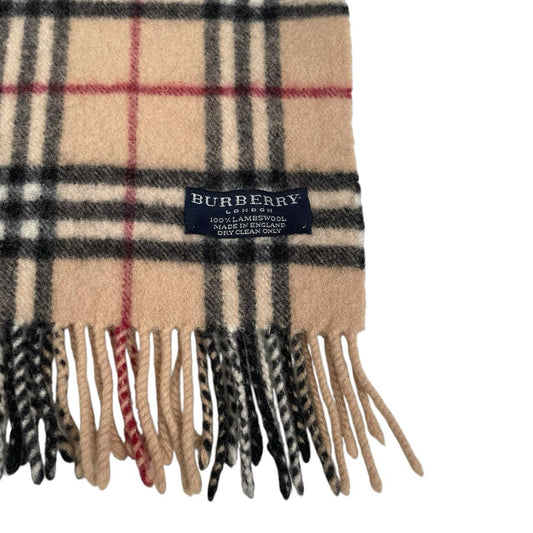 Burberry beige lambswool scarf featuring classic Nova Check pattern.