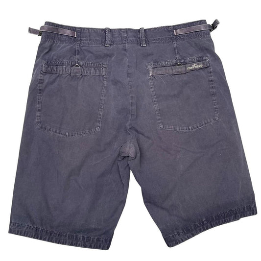 Stone Island navy blue Bermuda shorts with logo patch and cotton material.