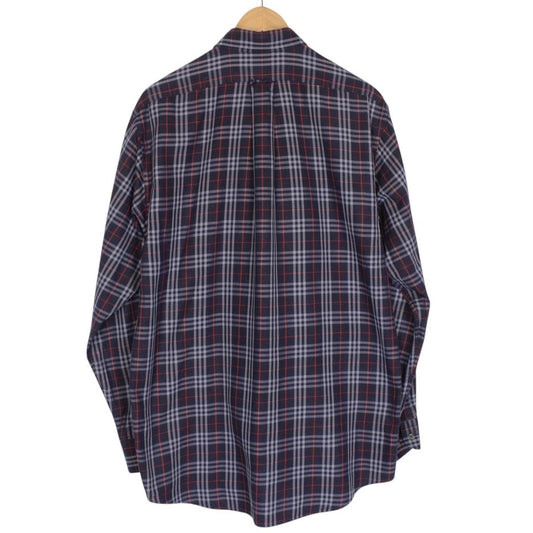 Vintage 90s Burberry Navy Blue Nova Check Long Sleeve Cotton Shirt