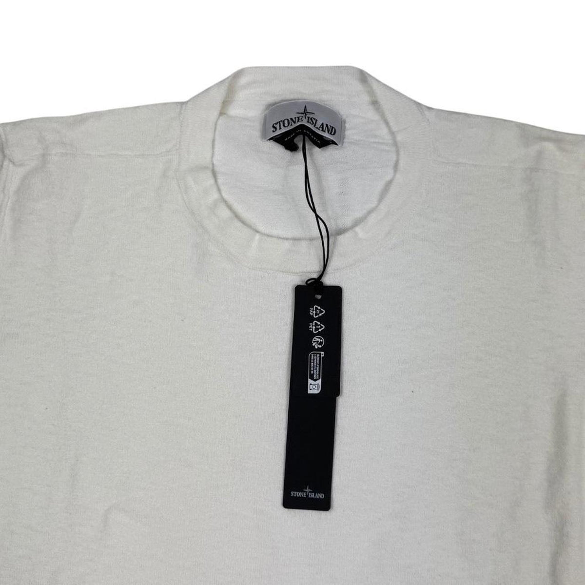 Stone Island white organic cotton knit sweatshirt with logo patch on sleeve.