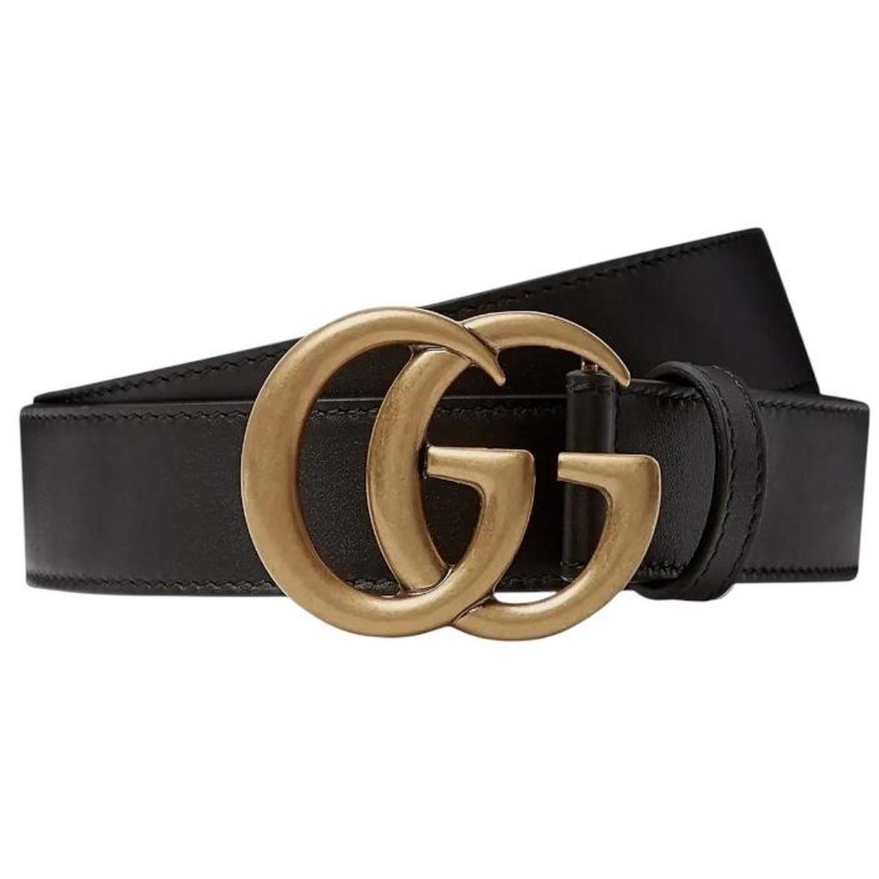 Gucci Black and Antique Brass Marmont Wide Leather Belt with GG Buckle