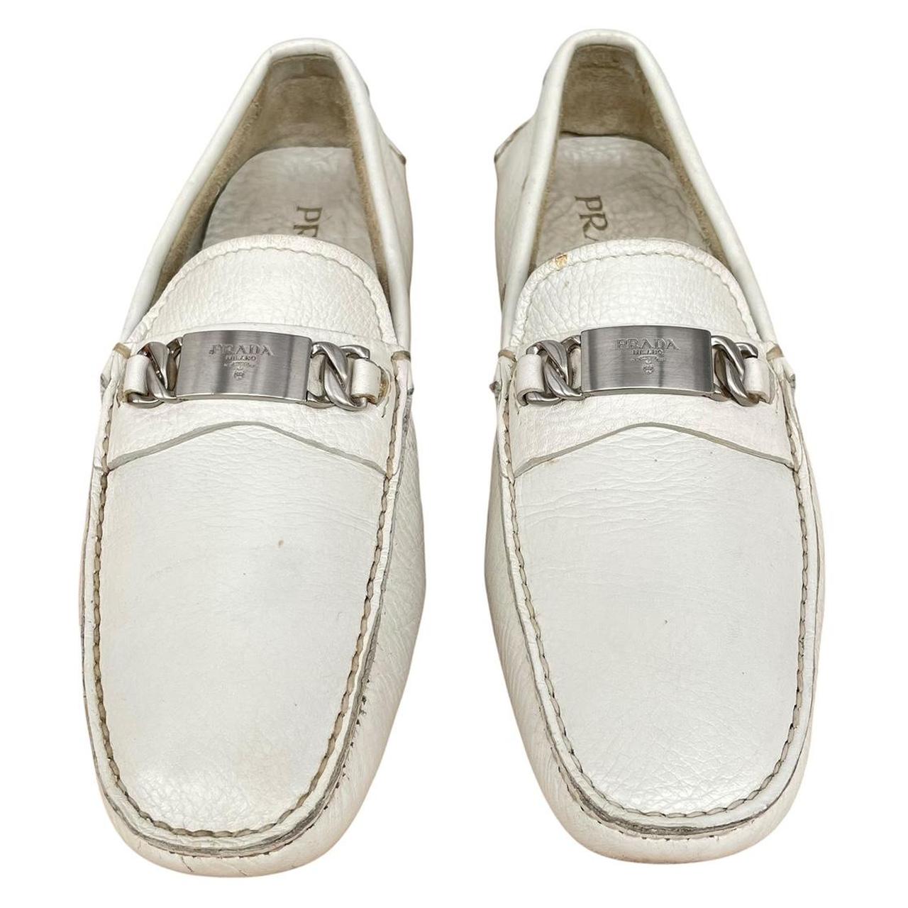 Prada Cream and Silver Logo Pebbled Leather Driving Shoe Loafers