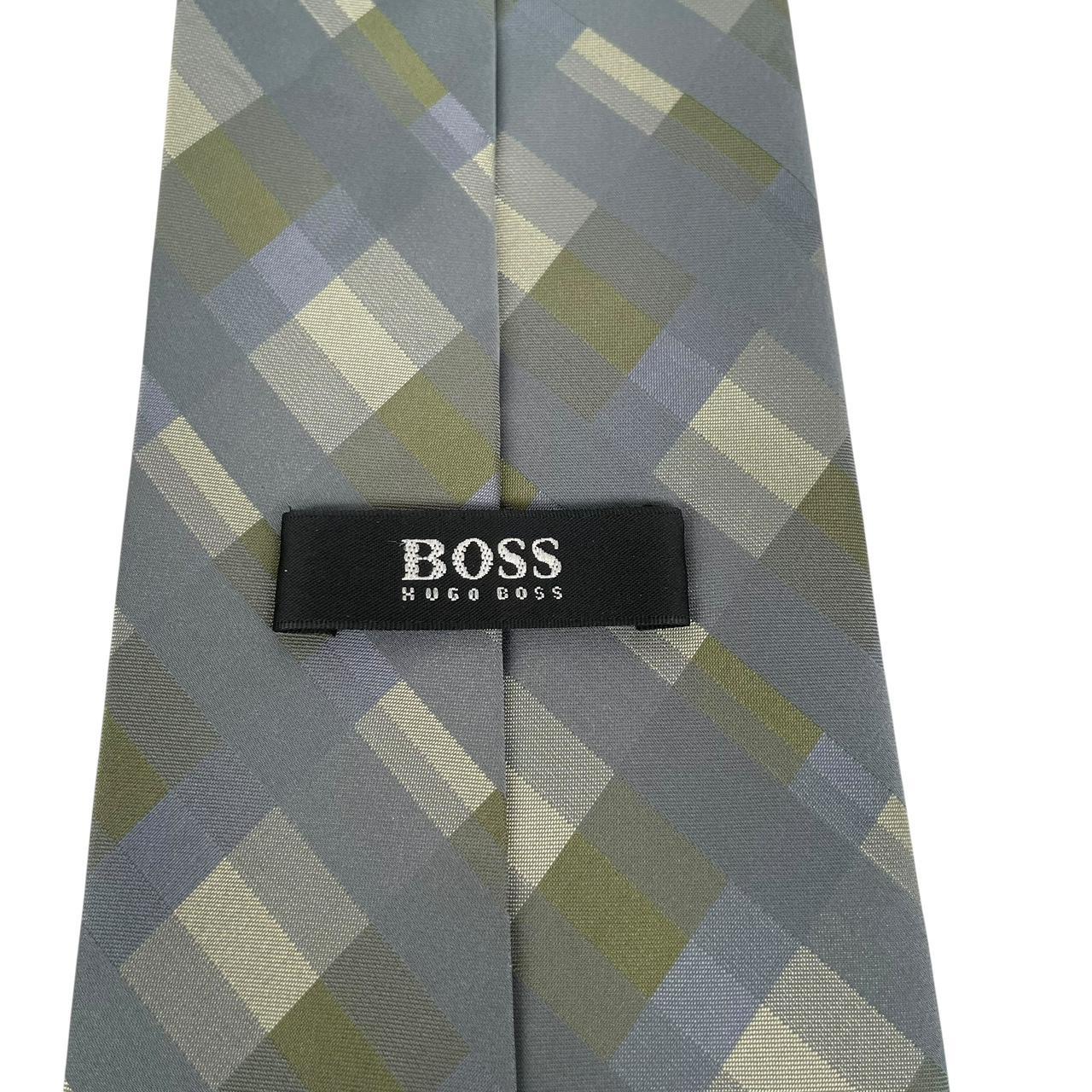 Vintage Hugo Boss Grey and Green Silk Tie