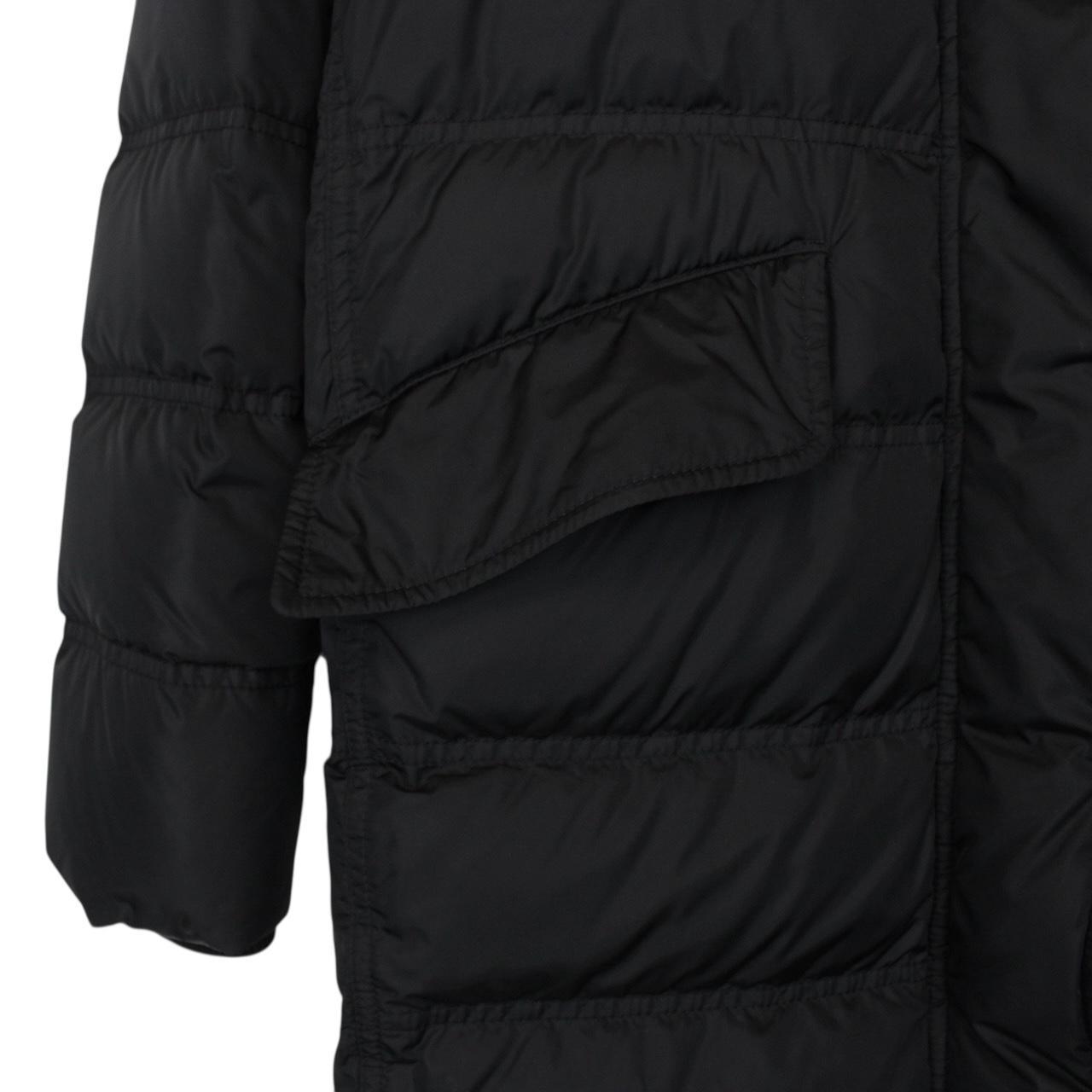 Prada Black Resin Coated Nylon Fox Fur Hood Long Down Jacket