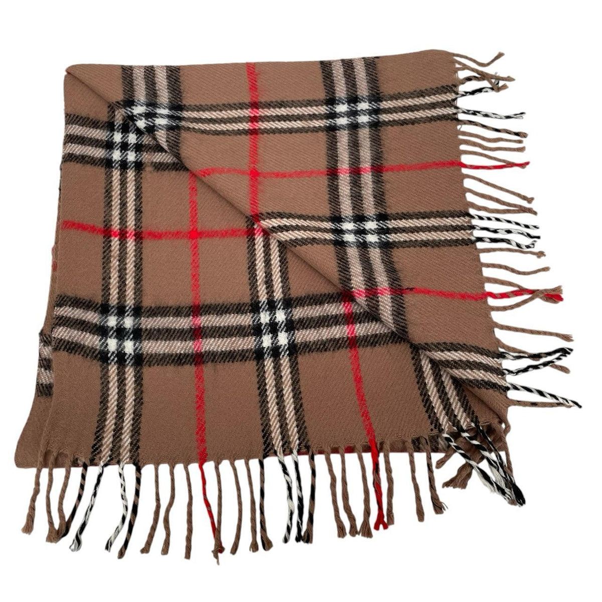 Burberry tan brown lambswool scarf with classic Nova Check pattern.
