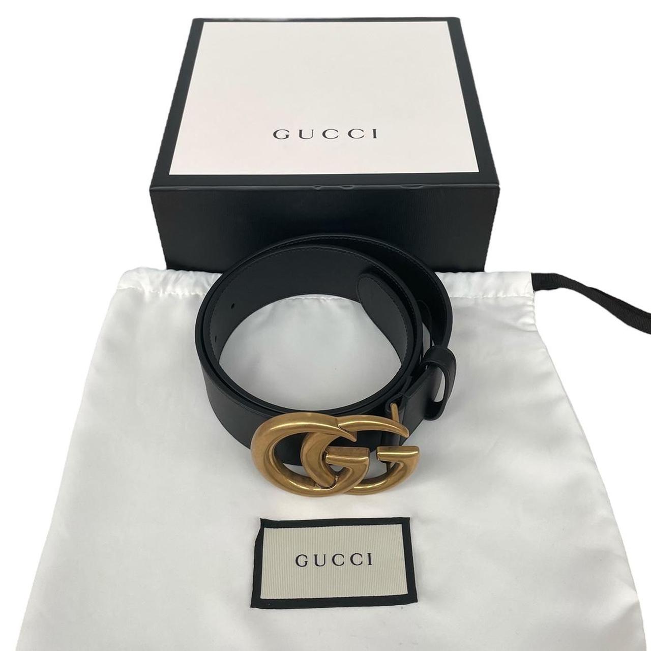 Gucci Black and Antiqued Brass Marmont Wide Leather Belt with GG Buckle