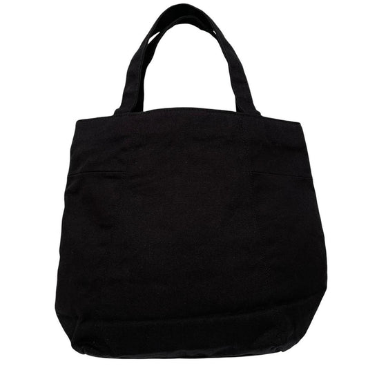 Yves Saint Laurent black duffel bag with gold embroidery and logo detail.