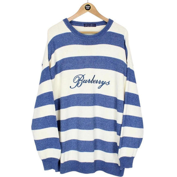 Vintage 90s Burberry Blues Cream and Blue Striped Cotton Knit Jumper