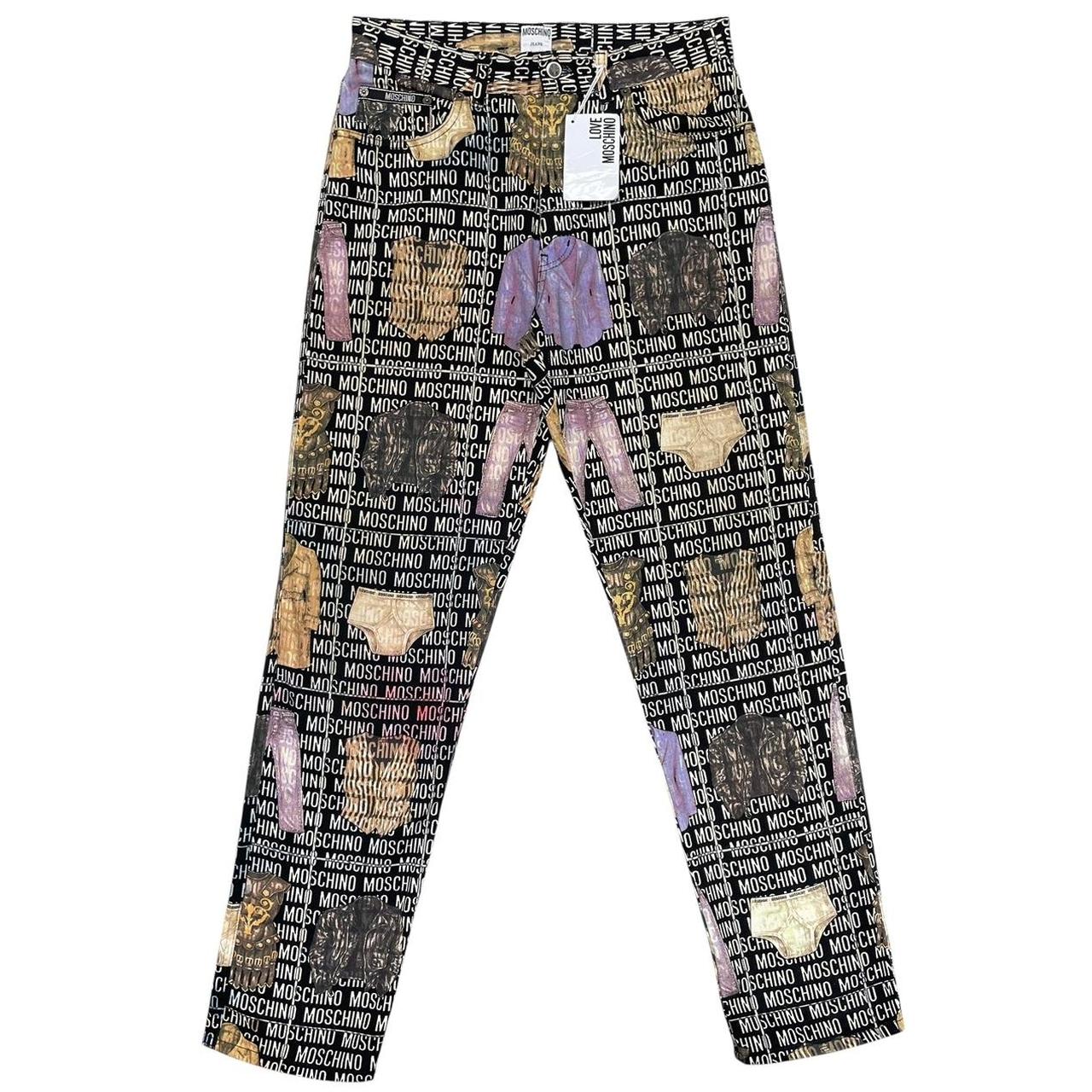 Vintage 1996 Moschino Black and White All Over Clothes Print Tapered Fit Jeans