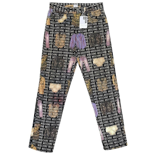 Vintage 1996 Moschino Black and White All Over Clothes Print Tapered Fit Jeans