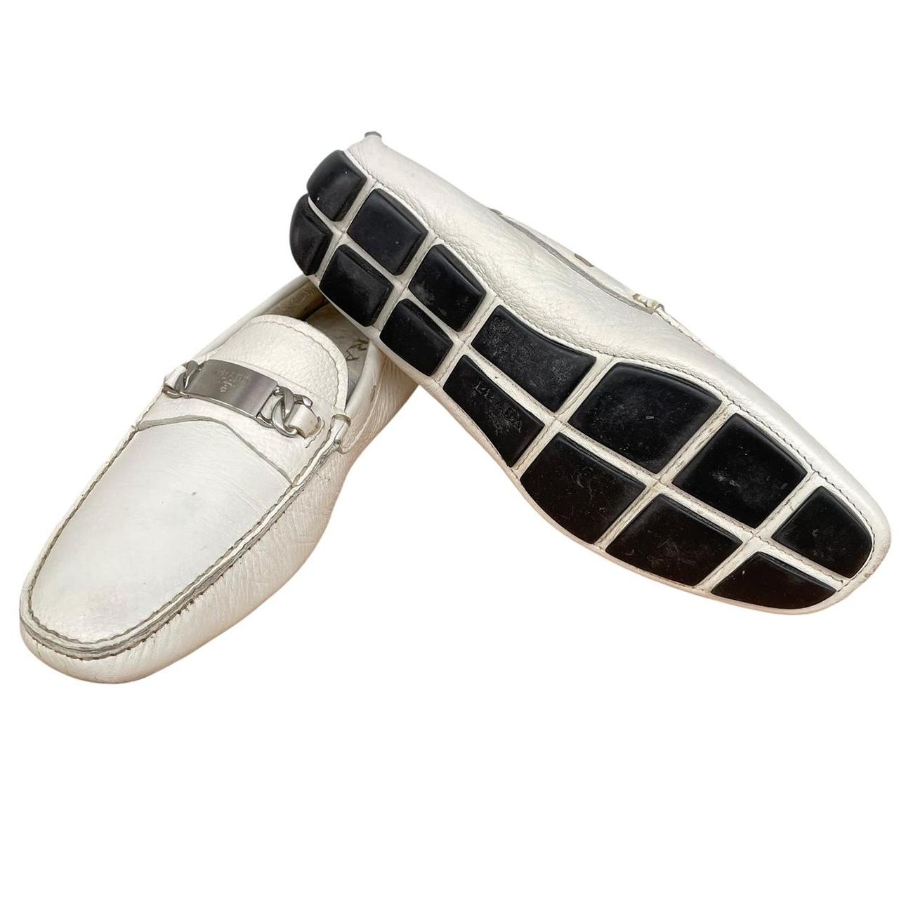 Prada Cream and Silver Logo Pebbled Leather Driving Shoe Loafers