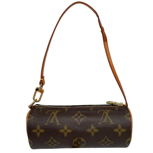 Louis Vuitton brown and tan mini pochette bag with monogram canvas pattern and logo.