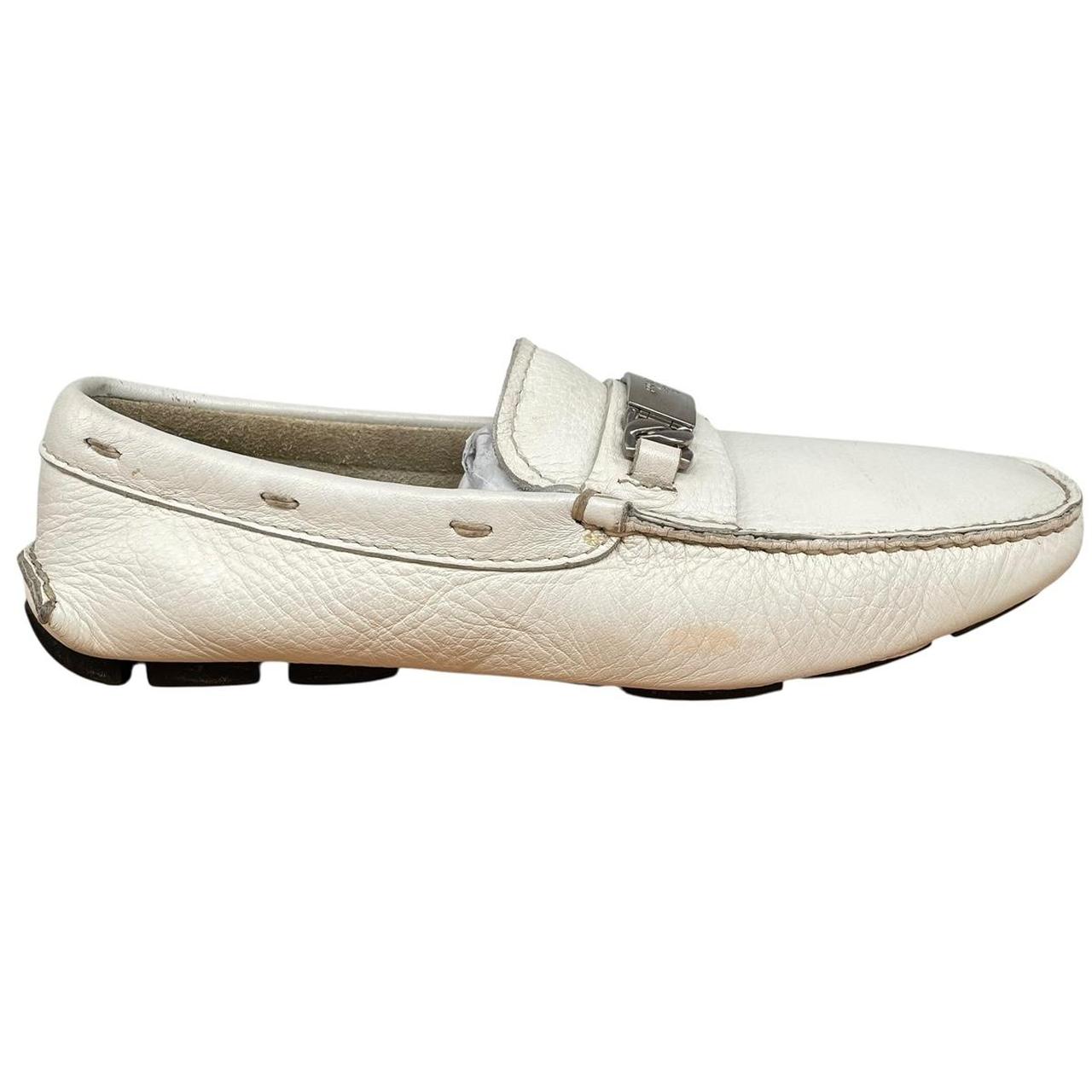 Prada Cream and Silver Logo Pebbled Leather Driving Shoe Loafers