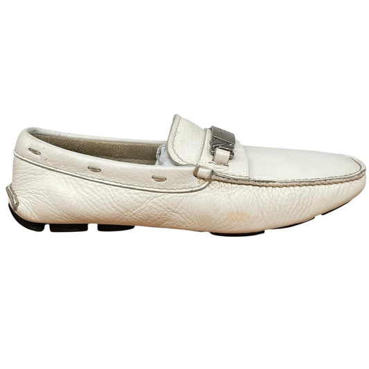 Prada Cream and Silver Logo Pebbled Leather Driving Shoe Loafers