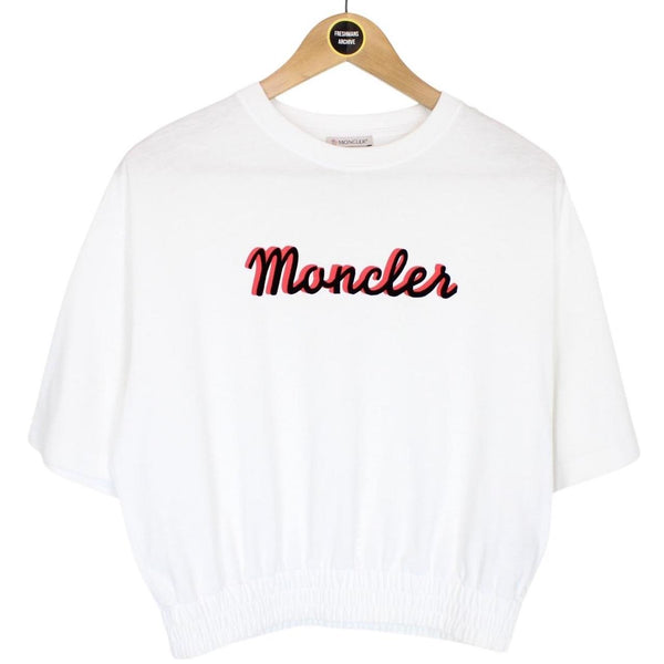 Moncler White Logo Print Short Sleeve Cropped T-Shirt