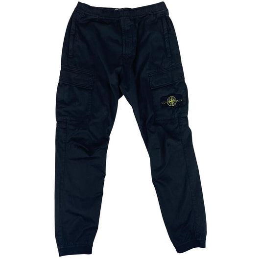 Stone Island black cargo trousers with logo patch and RE-T Fit design.