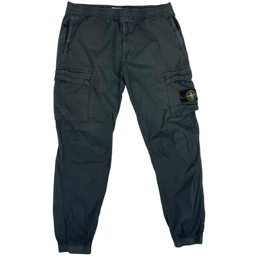 Stone Island grey cargo trousers with logo patch and loose stitch detail.