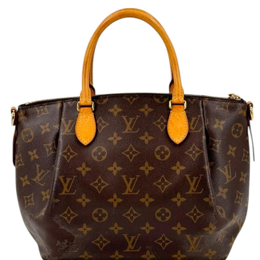 Louis Vuitton brown messenger bag with monogram canvas and leather trim details.