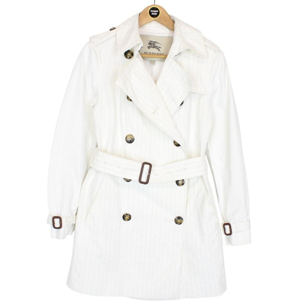 Burberry London White Pinstripe Double Breasted Belted Trench Coat