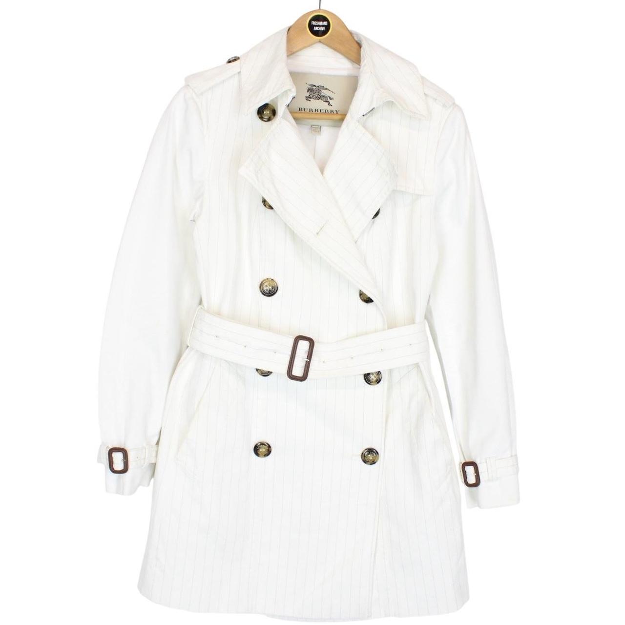 Burberry London White Pinstripe Double Breasted Belted Trench Coat