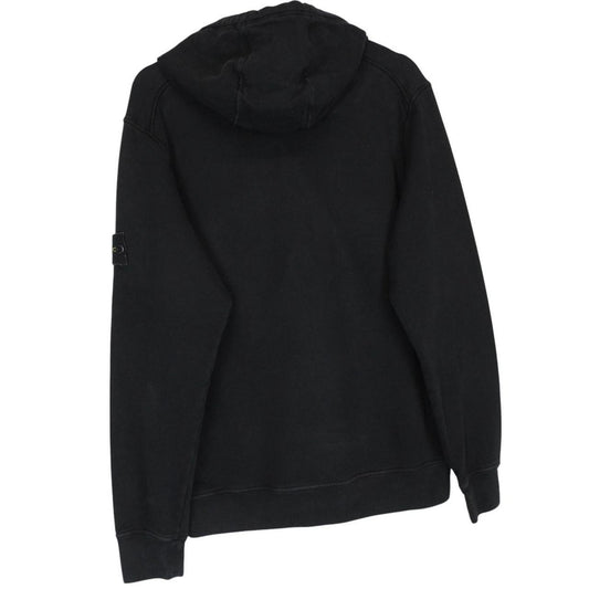Stone Island black hoodie jumper with embroidered logo and cotton material.