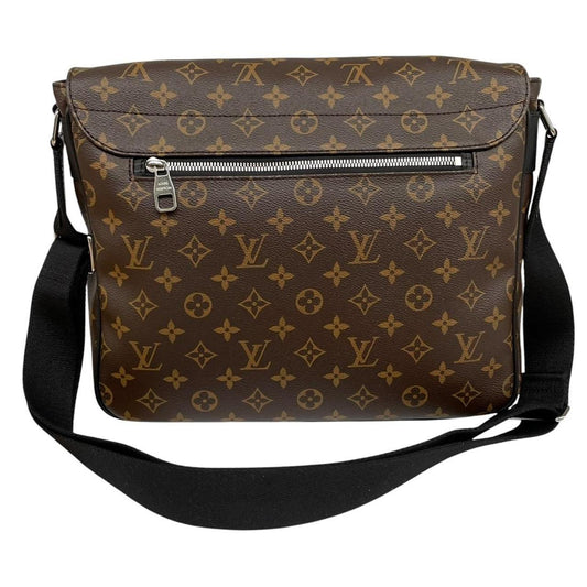 Louis Vuitton brown canvas messenger bag with monogram pattern and silver hardware.