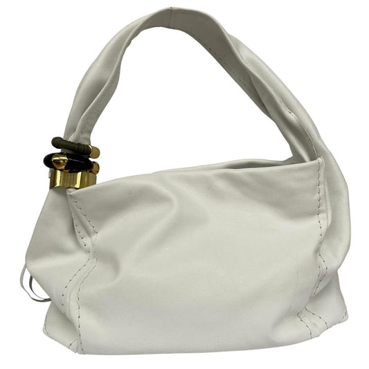 Jimmy Choo white leather hobo bag with subtle marks and logo detail.