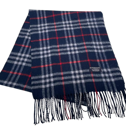 Vintage 90s Burberry Navy Blue Nova Check Lambswool Scarf