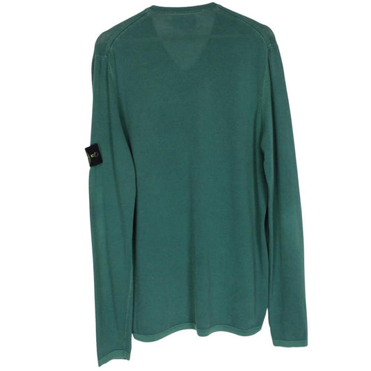 Stone Island green knit v-neck jumper with logo patch on sleeve and ribbed cuffs.