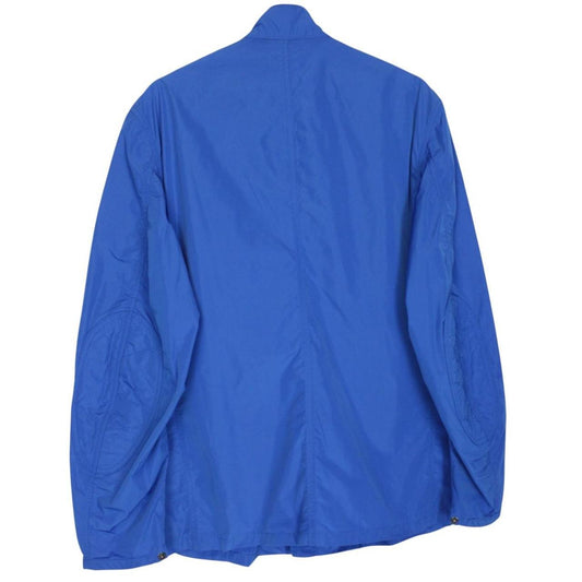 Barbour blue nylon multi-pocket jacket with logo detailing and scuff on bottom right pocket.