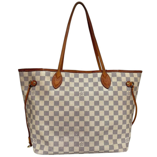 Louis Vuitton cream Damier Azur tote bag with leather trim and logo pattern.