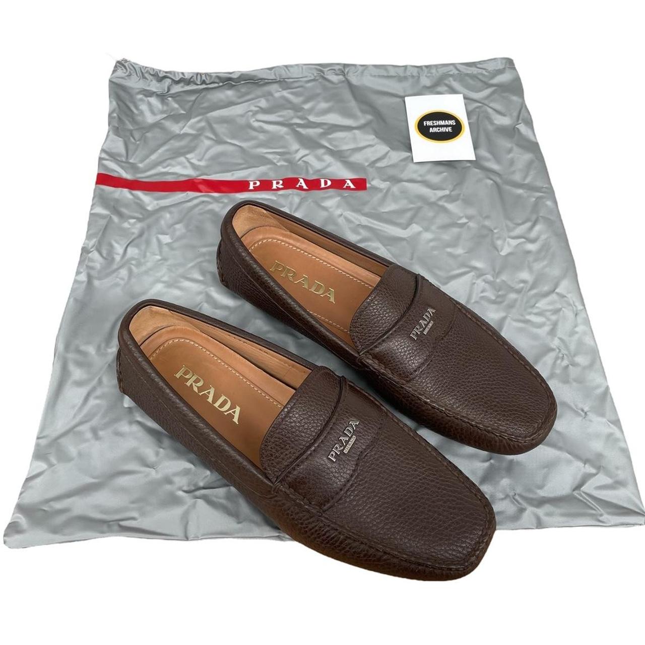 Prada Brown Logo Pebbled Leather Driving Shoe Loafers