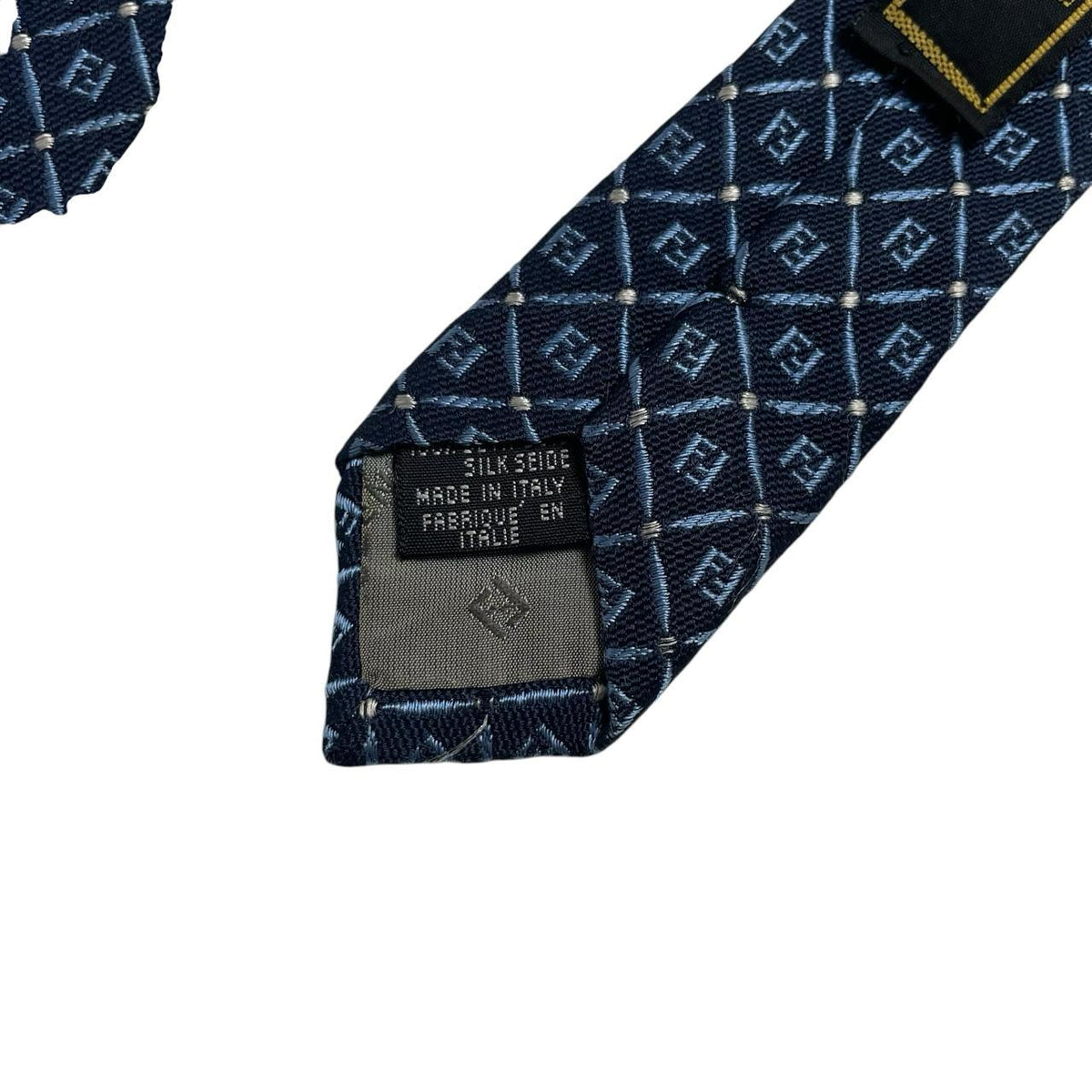 Fendi navy blue silk tie with Zucca monogram pattern and logo detail.