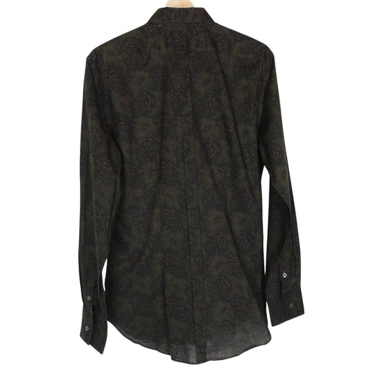 Paul Smith khaki green long sleeve shirt with paisley print and cotton material.