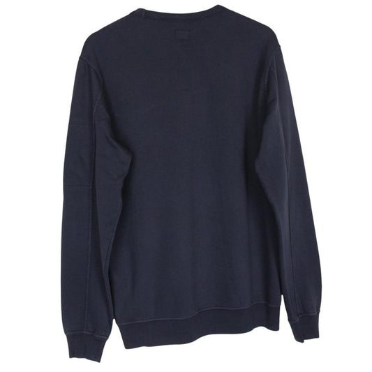 CP Company navy blue cotton sweatshirt with goggle lens detail and logo.