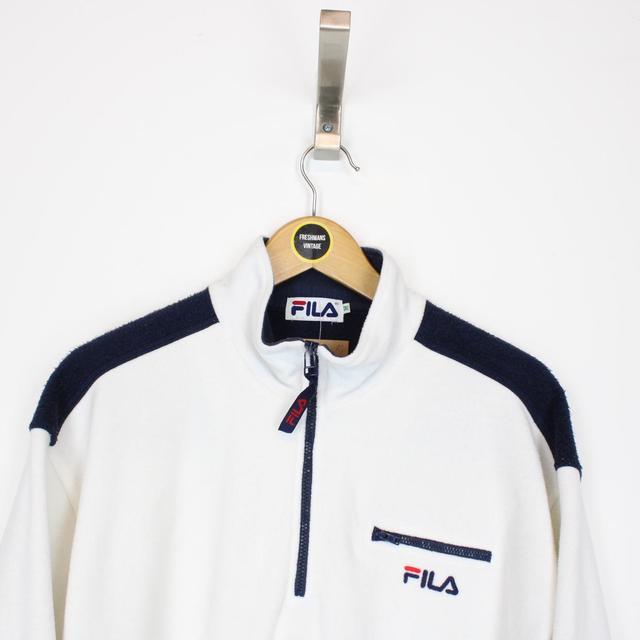 Vintage 90s Fila White and Black 1/4 Zip Spellout Fleece Jumper
