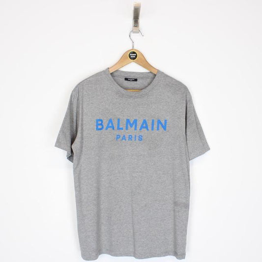 Balmain Paris Grey and Blue Logo Print Short Sleeve T-Shirt