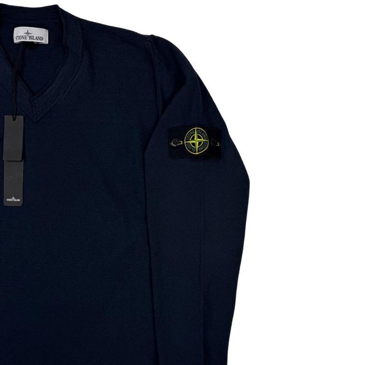 Stone Island navy blue knit jumper made from organic cotton with logo patch.
