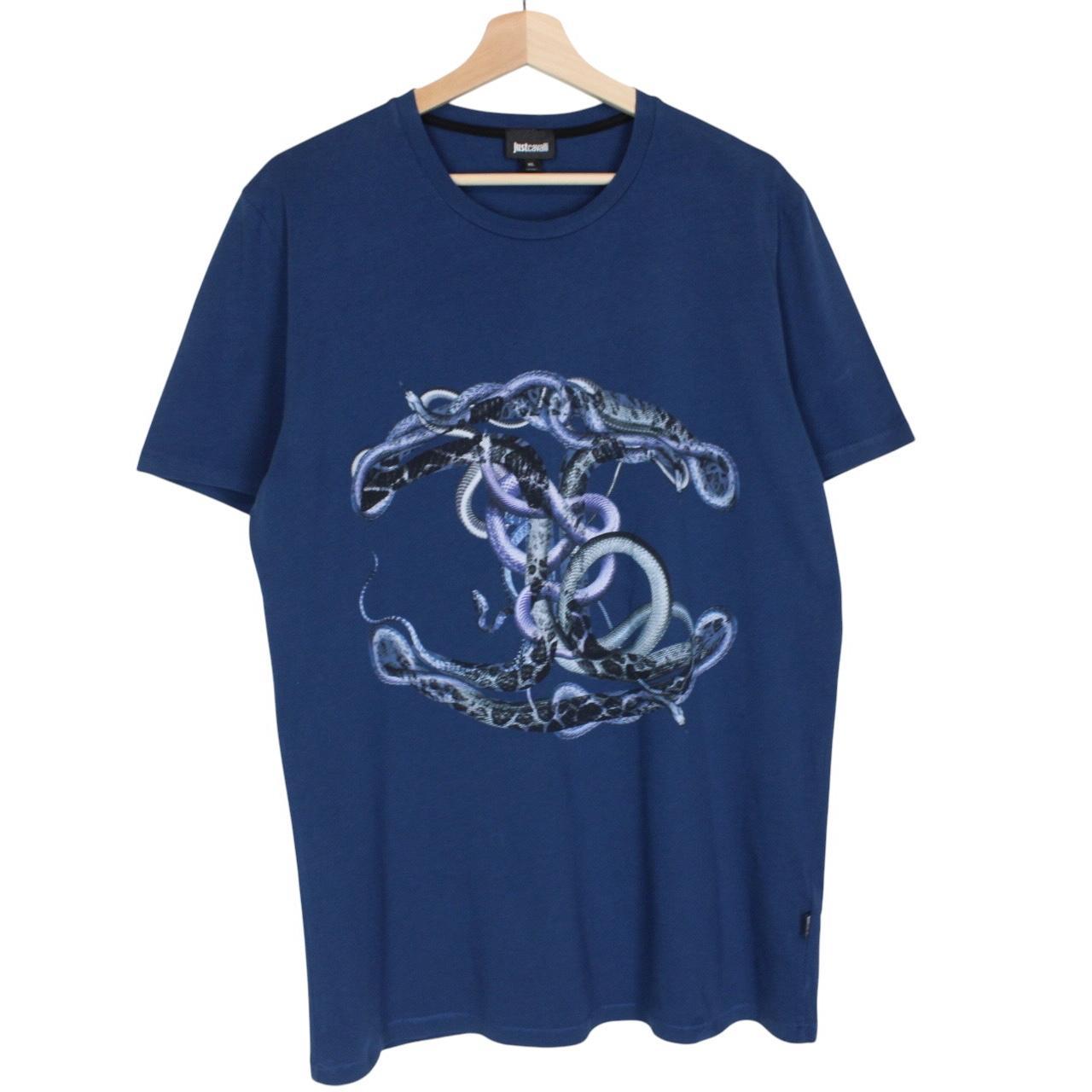 Just Cavalli blue pocket t-shirt with snake print design and cotton material.