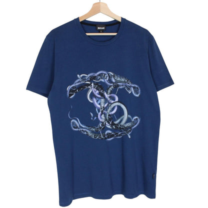 Just Cavalli blue pocket t-shirt with snake print design and cotton material.