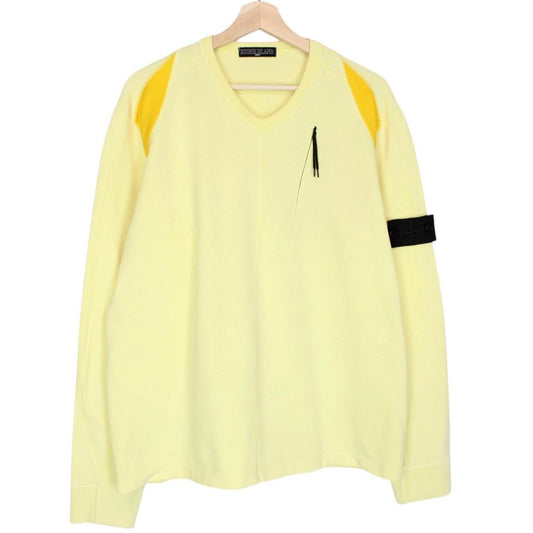 Stone Island yellow v-neck sweatshirt with logo patch and soft cotton material.