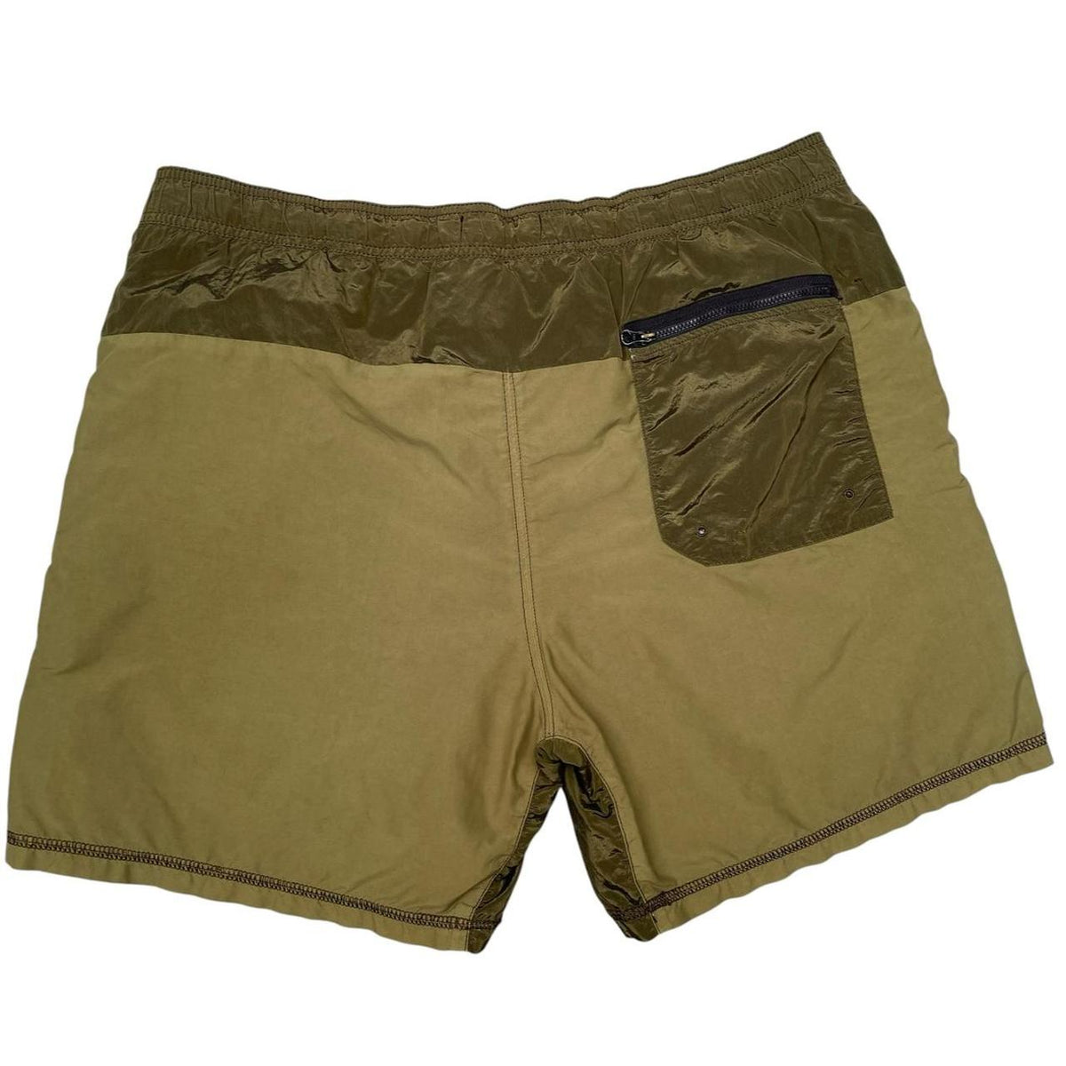 Stone Island khaki green swim shorts brushed nylon with logo patch and back pocket.