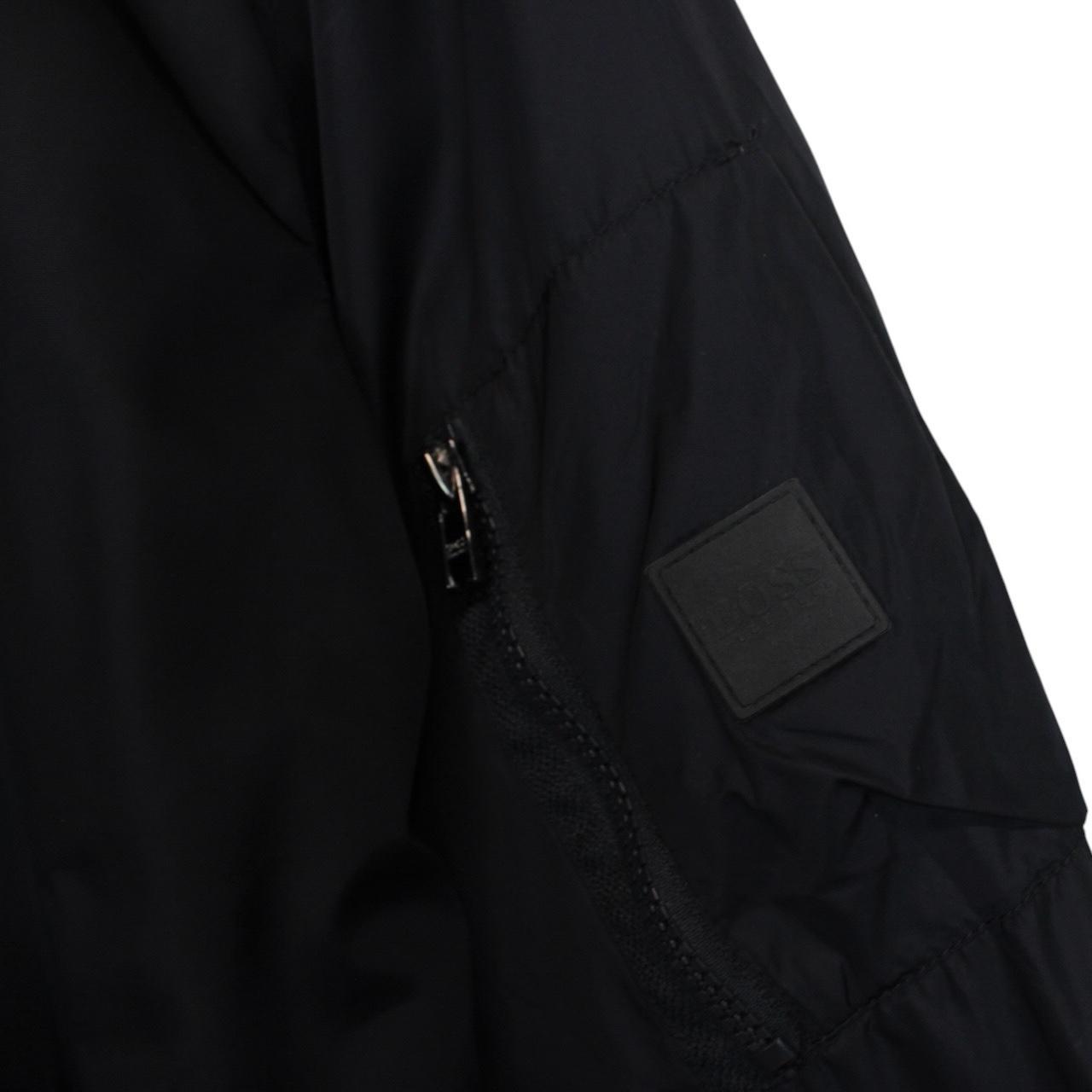 Hugo Boss navy blue bomber jacket full zip nylon with logo detail.