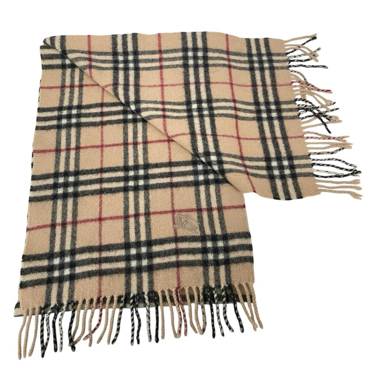 Burberry beige lambswool scarf featuring classic Nova Check pattern and logo.