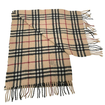 Burberry beige lambswool scarf featuring classic Nova Check pattern and logo.