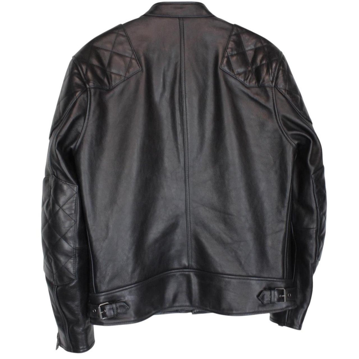 Belstaff black leather jacket with full zip and classic logo detailing.