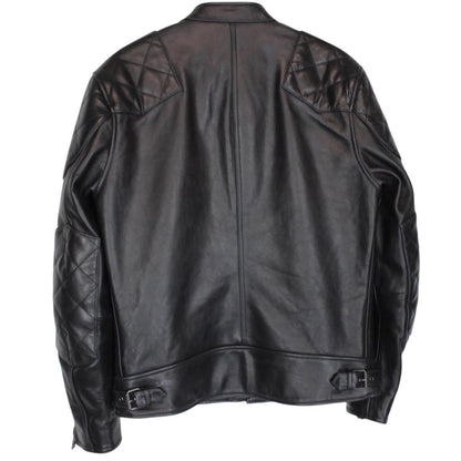 Belstaff black leather jacket with full zip and classic logo detailing.