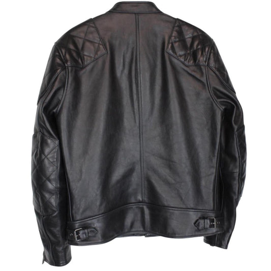 Belstaff black leather jacket with full zip and classic logo detailing.