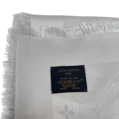 Louis Vuitton grey shawl scarf with LV monogram pattern in silk and wool blend.