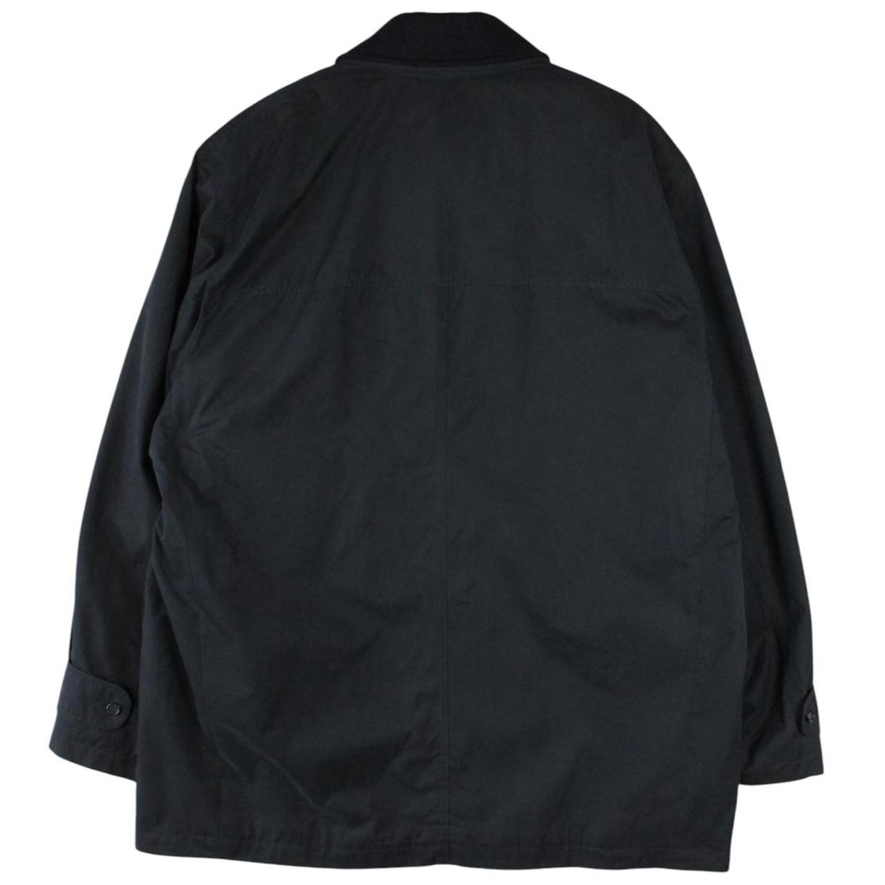 Burberry navy blue wool coat with Nova Check lining and logo detail.